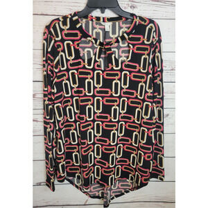 Cato Pink Black Chain Link Keyhole Hi-Lo Hem Long Sleeve Top‎ Women's Size Large